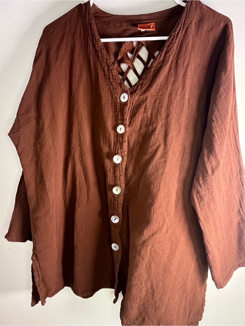 Oh My Gauze! Rust Brown Linen Button-Front Top